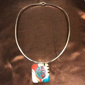 Wire Necklace with Inlaid Stone Pendant